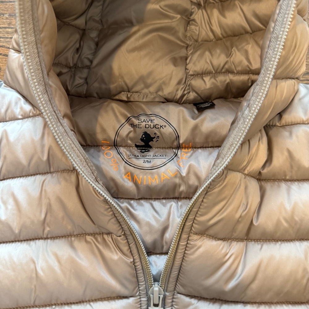 SAVE THE DUCK Alexis Shore Beige Hooded Puffer Jacket Sz 2/M 100% animal free - Picture 2 of 12
